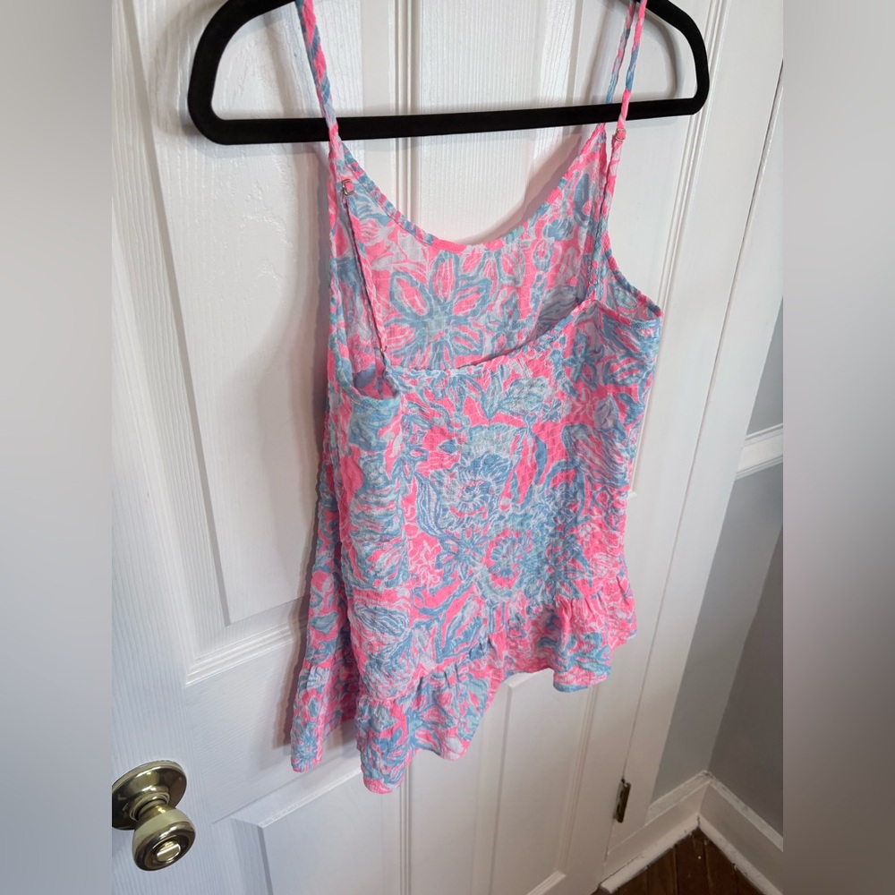 Lilly Pulitzer Peplum Tank Top M | Pink Sun Ray Summer Siren | Ruffle Hem - Picture 8 of 8